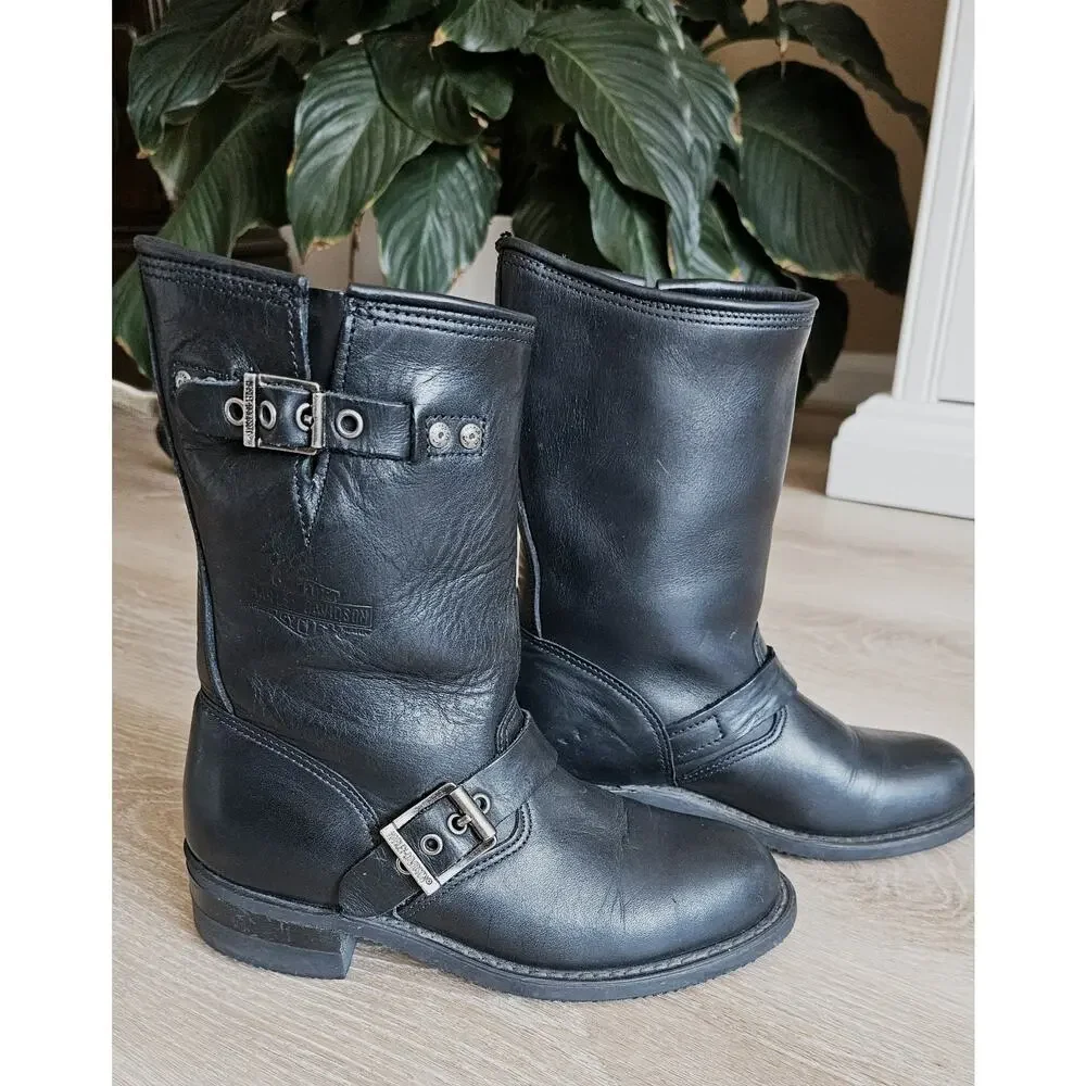 Harley Davidson 88409 Black Leather Motorcycle Boot Buckle Womens 6 Oil Resistan